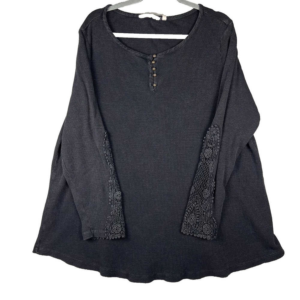 SOFT SURROUNDINGS Black Wash Women's Top Size 2X Embroidered Long Sleeve Buttons